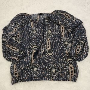 Lucky Brand Tan and Blue Boho Pattern Tie Neck Long Sleeve Semi-Sheer Blouse